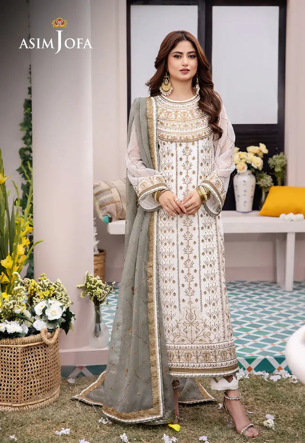 ASIM JOFA - 3 PIECE EMBROIDERED CHIFFON SUIT - WHITE (UNSTITCHED)