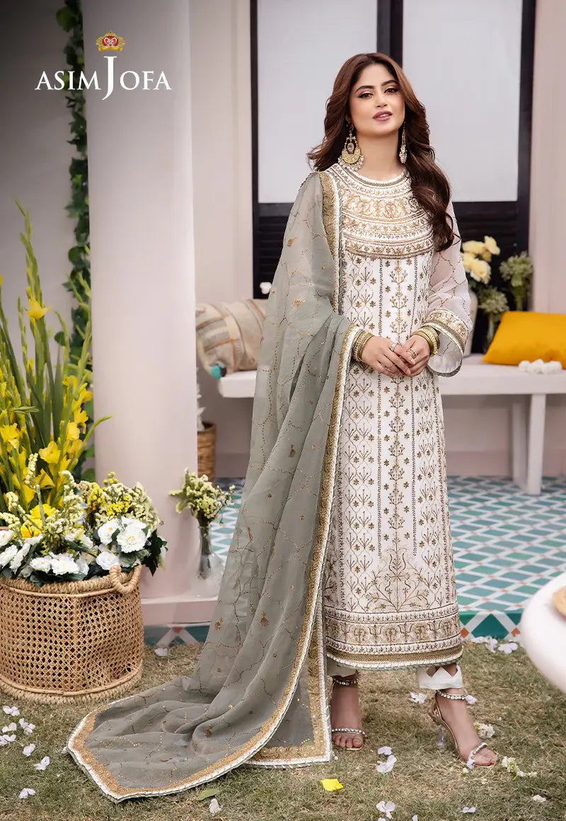 ASIM JOFA - 3 PIECE EMBROIDERED CHIFFON SUIT - WHITE (UNSTITCHED)