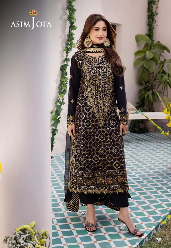 ASIM JOFA - 3 PIECE EMBROIDERED BOSKI SILK SUIT - BLACK (UNSTITCHED)