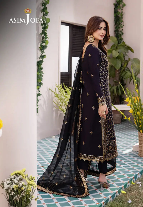 ASIM JOFA - 3 PIECE EMBROIDERED BOSKI SILK SUIT - BLACK (UNSTITCHED)