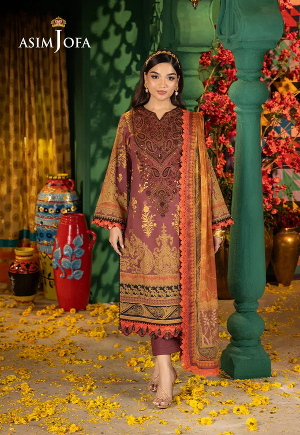 ASIM JOFA - 3 PIECE EMBROIDERED JACQUARD SUIT - MAROON (UNSTITCHED)