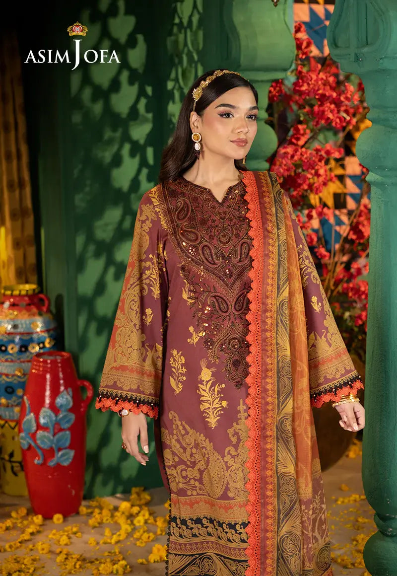 ASIM JOFA - 3 PIECE EMBROIDERED JACQUARD SUIT - MAROON (UNSTITCHED)