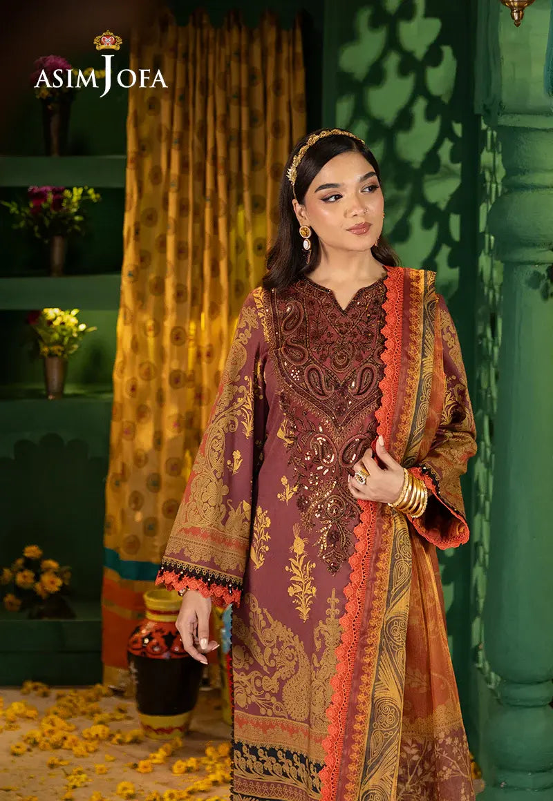 ASIM JOFA - 3 PIECE EMBROIDERED JACQUARD SUIT - MAROON (UNSTITCHED)