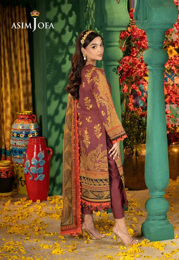 ASIM JOFA - 3 PIECE EMBROIDERED JACQUARD SUIT - MAROON (UNSTITCHED)