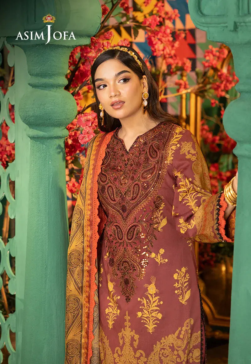 ASIM JOFA - 3 PIECE EMBROIDERED JACQUARD SUIT - MAROON (UNSTITCHED)