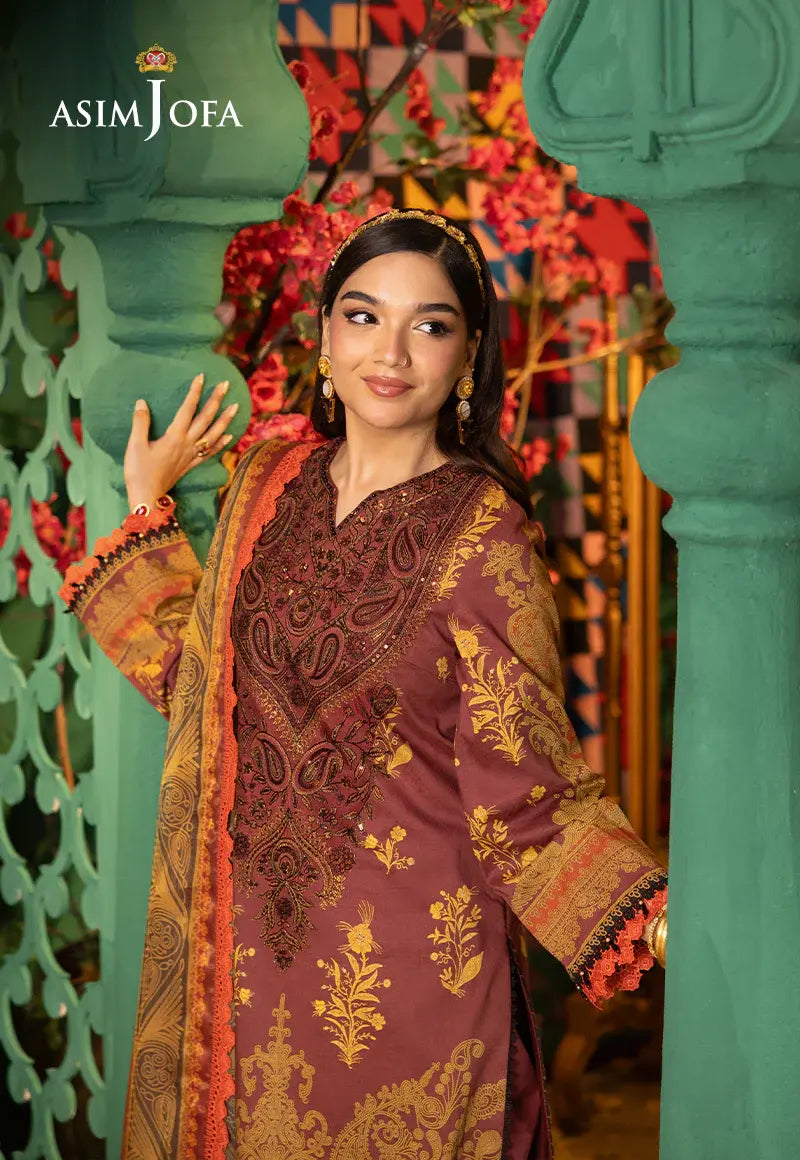 ASIM JOFA - 3 PIECE EMBROIDERED JACQUARD SUIT - MAROON (UNSTITCHED)