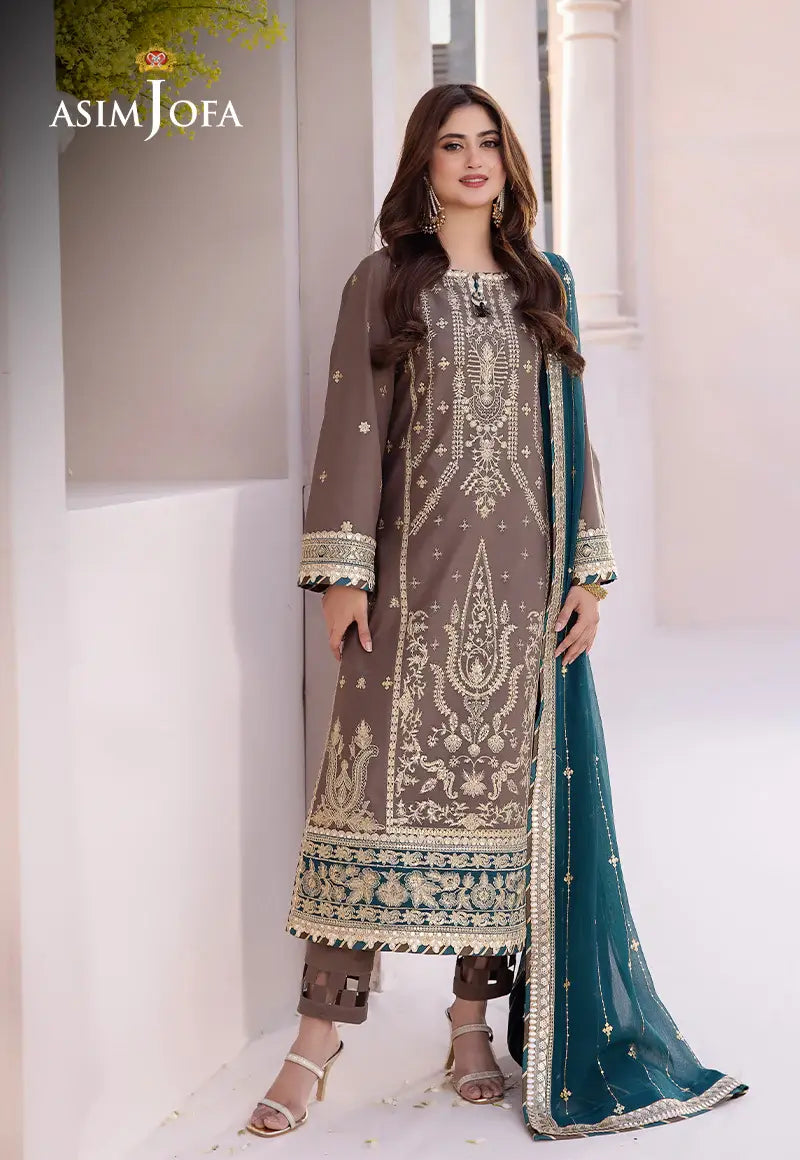 ASIM JOFA - 3 PIECE EMBROIDERED JUMBO SILK SUIT - GREY (UNSTITCHED)