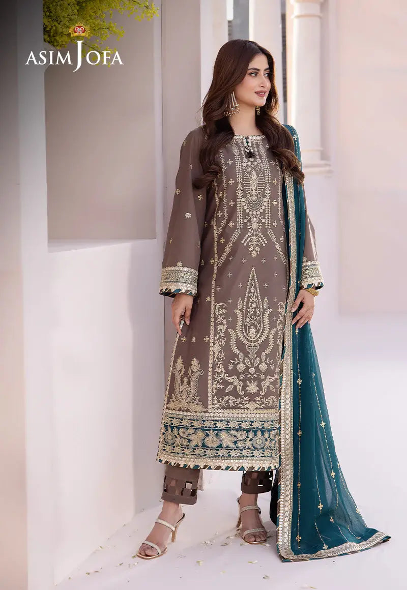 ASIM JOFA - 3 PIECE EMBROIDERED JUMBO SILK SUIT - GREY (UNSTITCHED)