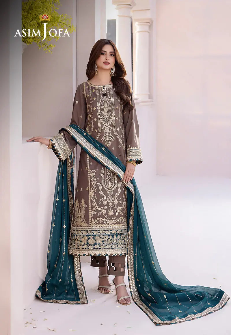 ASIM JOFA - 3 PIECE EMBROIDERED JUMBO SILK SUIT - GREY (UNSTITCHED)