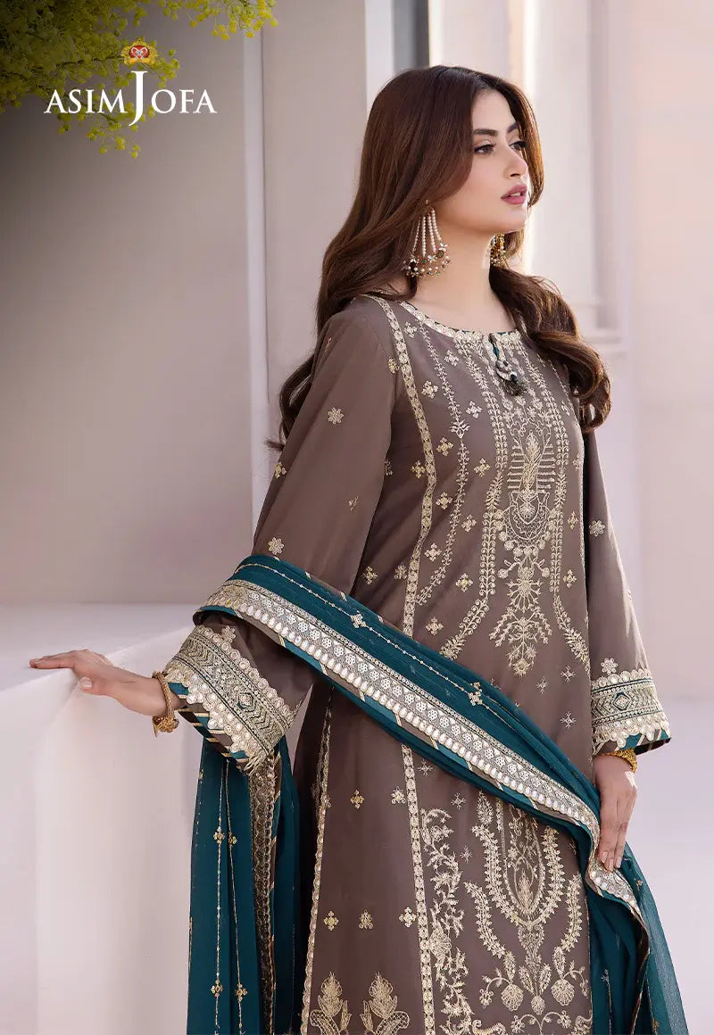 ASIM JOFA - 3 PIECE EMBROIDERED JUMBO SILK SUIT - GREY (UNSTITCHED)