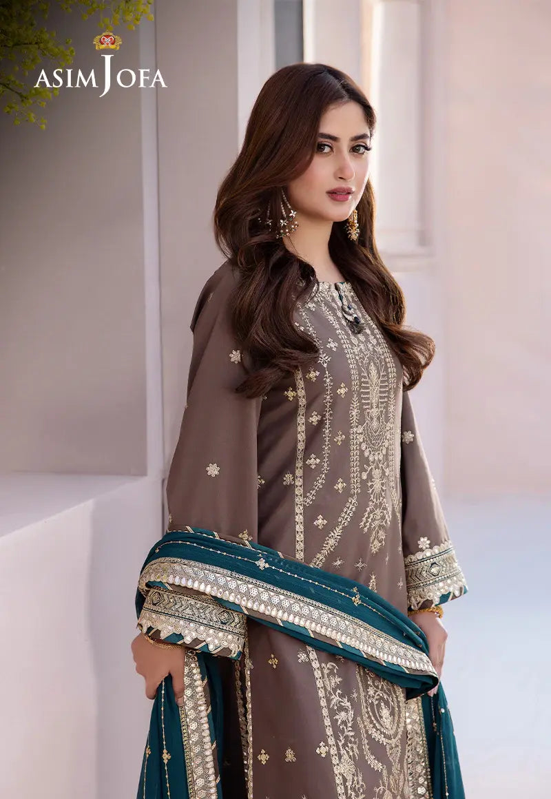 ASIM JOFA - 3 PIECE EMBROIDERED JUMBO SILK SUIT - GREY (UNSTITCHED)