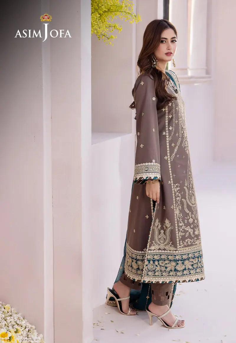 ASIM JOFA - 3 PIECE EMBROIDERED JUMBO SILK SUIT - GREY (UNSTITCHED)