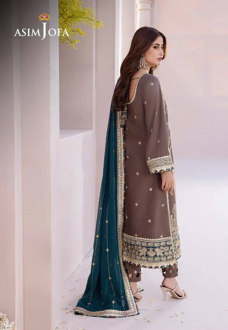 ASIM JOFA - 3 PIECE EMBROIDERED JUMBO SILK SUIT - GREY (UNSTITCHED)