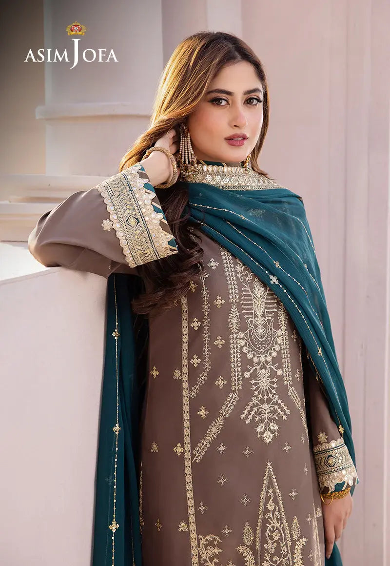 ASIM JOFA - 3 PIECE EMBROIDERED JUMBO SILK SUIT - GREY (UNSTITCHED)