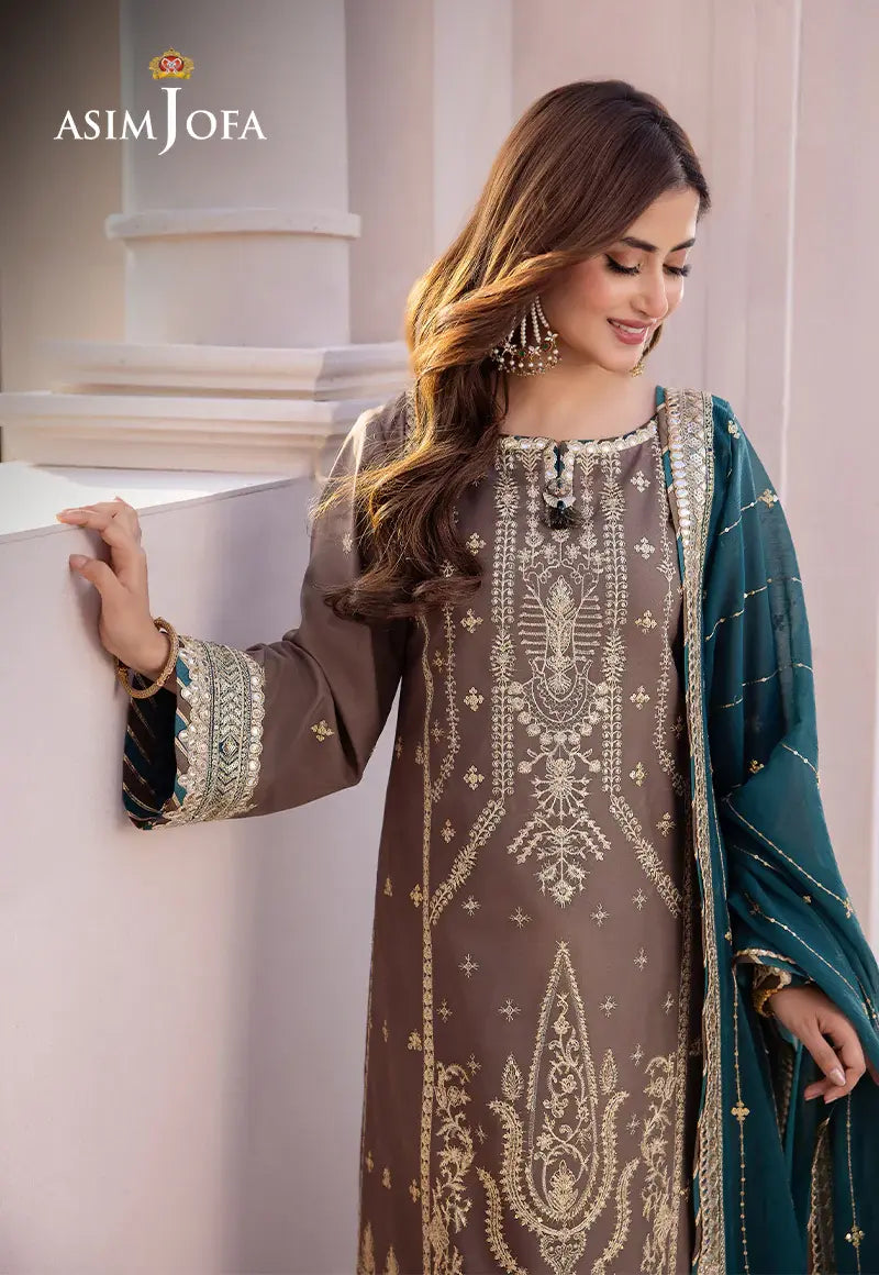 ASIM JOFA - 3 PIECE EMBROIDERED JUMBO SILK SUIT - GREY (UNSTITCHED)