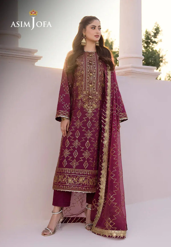 ASIM JOFA - 3 PIECE EMBROIDERED BOSKI SILK SUIT - PURPLE (UNSTITCHED) 