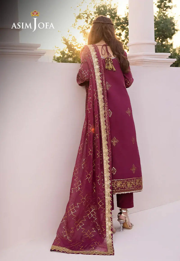 ASIM JOFA - 3 PIECE EMBROIDERED BOSKI SILK SUIT - PURPLE (UNSTITCHED) 