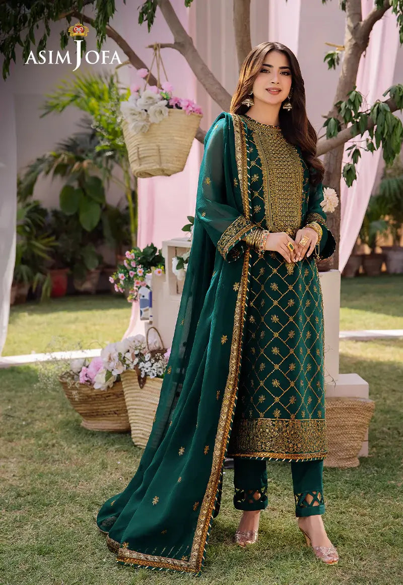 ASIM JOFA - 3 PIECE EMBROIDERED CHIFFON SUIT - GREEN (UNSTITCHED)