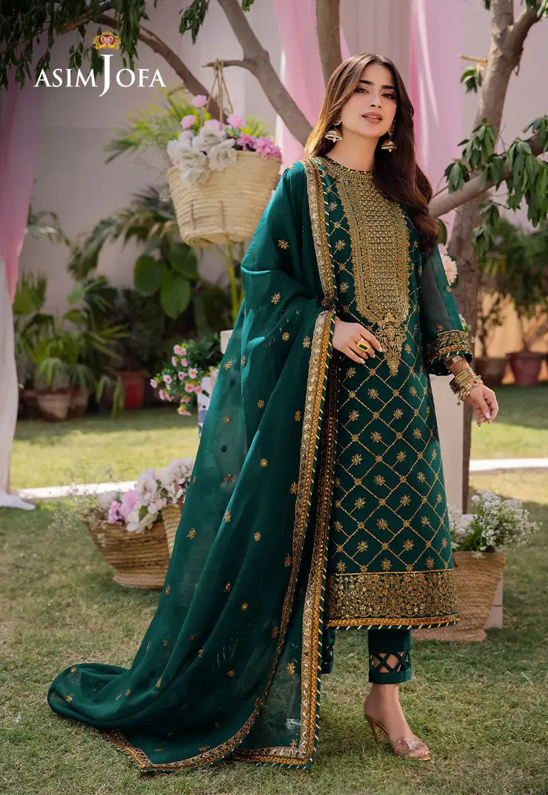 ASIM JOFA - 3 PIECE EMBROIDERED CHIFFON SUIT - GREEN (UNSTITCHED)