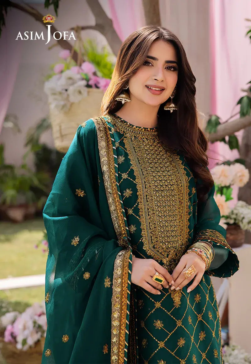 ASIM JOFA - 3 PIECE EMBROIDERED CHIFFON SUIT - GREEN (UNSTITCHED)