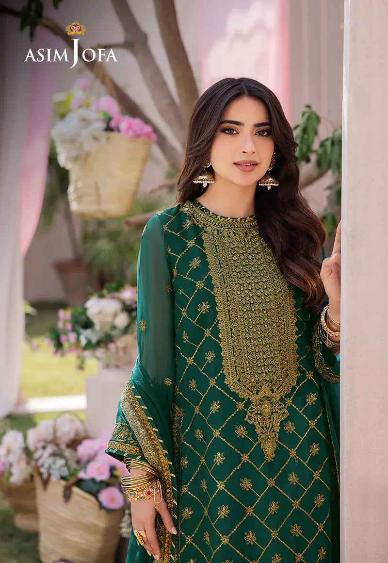 ASIM JOFA - 3 PIECE EMBROIDERED CHIFFON SUIT - GREEN (UNSTITCHED)