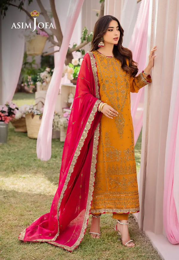 ASIM JOFA - 3 PIECE EMBROIDERED CHIFFON SUIT - YELLOW (UNSTITCHED)