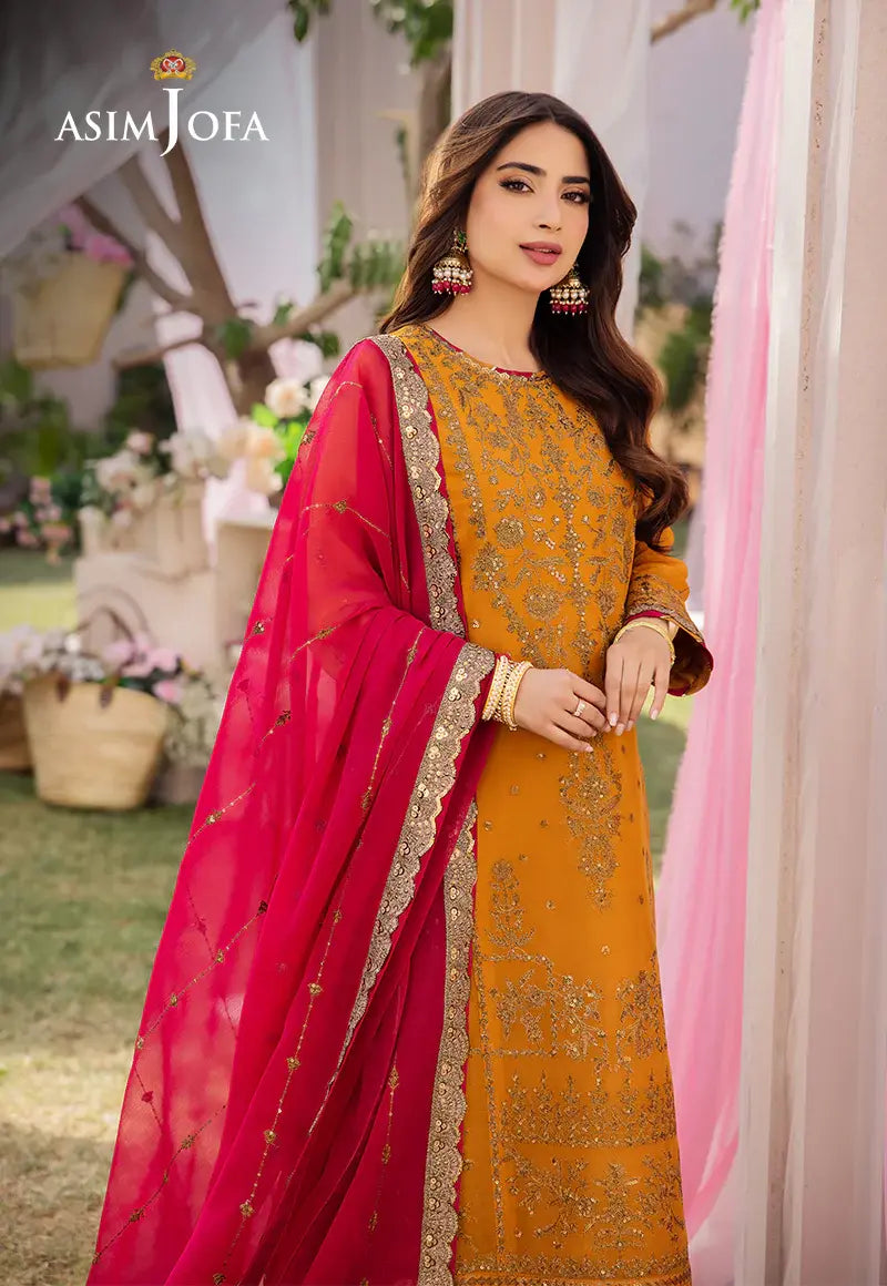 ASIM JOFA - 3 PIECE EMBROIDERED CHIFFON SUIT - YELLOW (UNSTITCHED)