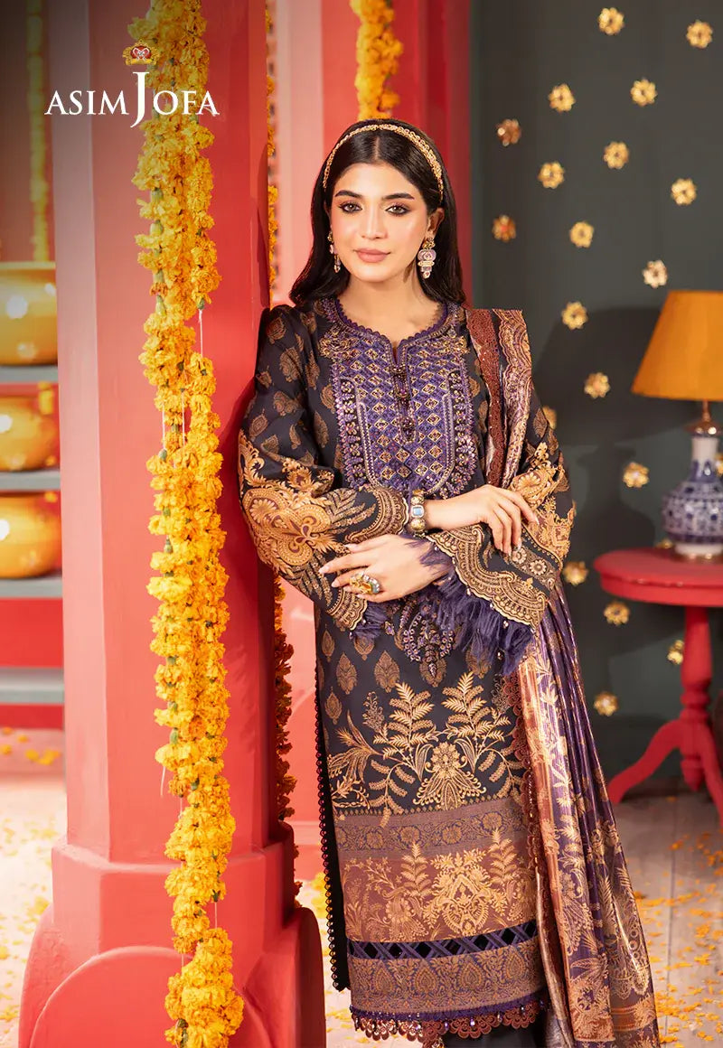 ASIM JOFA - 3 PIECE EMBROIDERED JACQUARD SUIT - BLACK (UNSTITCHED)