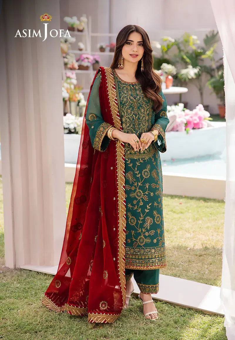 ASIM JOFA - 3 PIECE EMBROIDERED  CHIFFON SUIT - GREEN (UNSTITCHED)