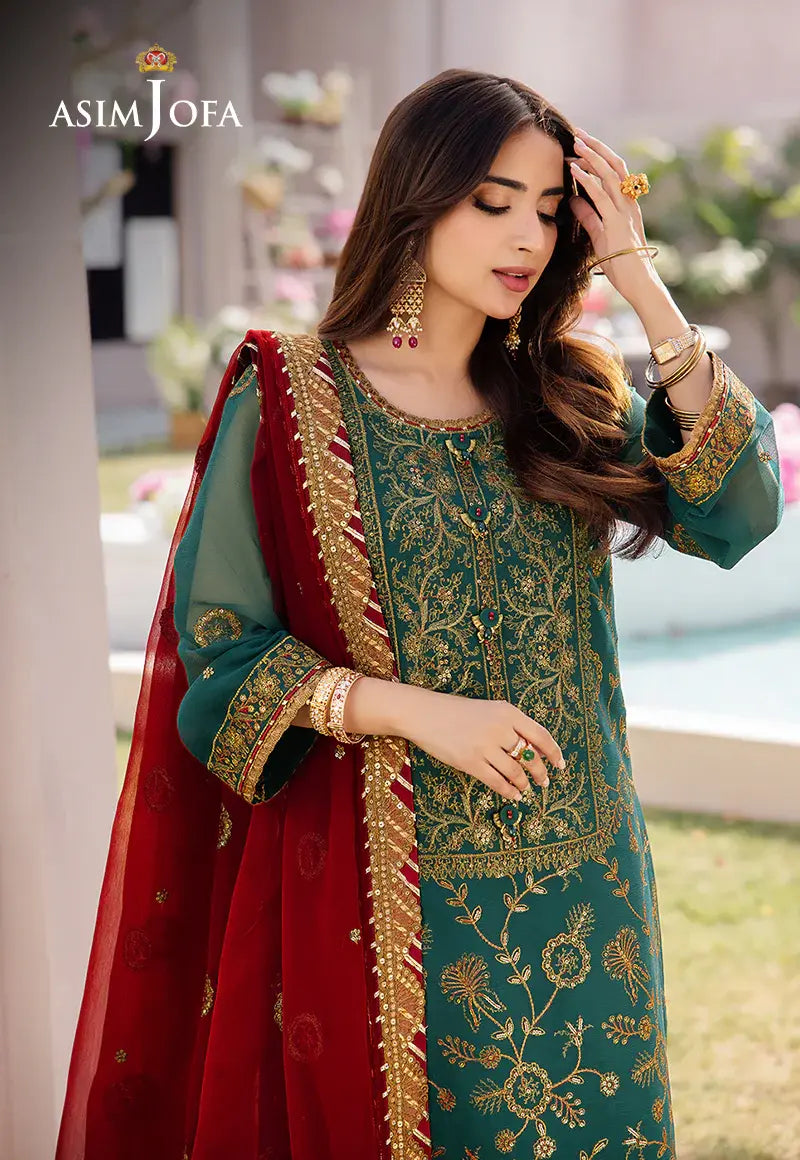 ASIM JOFA - 3 PIECE EMBROIDERED  CHIFFON SUIT - GREEN (UNSTITCHED)