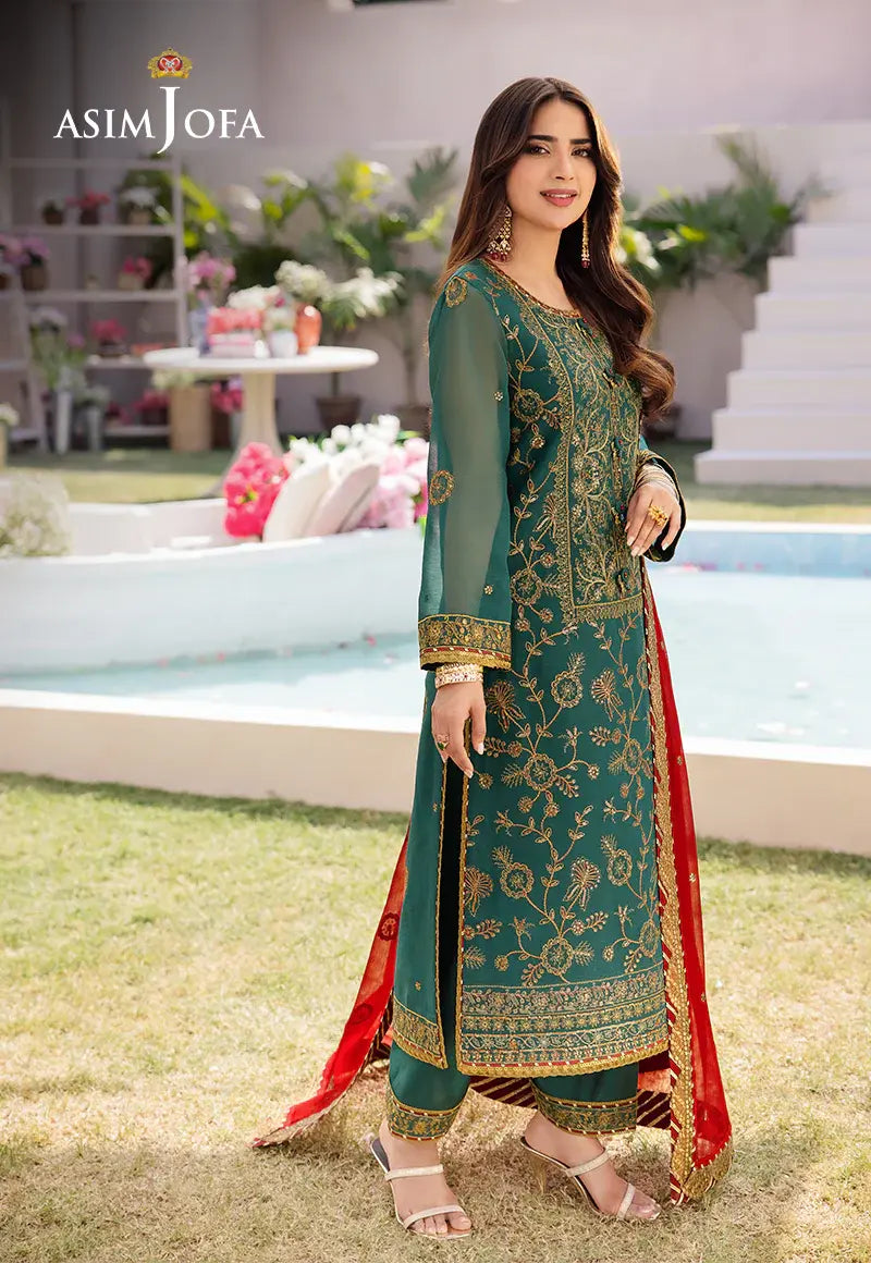 ASIM JOFA - 3 PIECE EMBROIDERED  CHIFFON SUIT - GREEN (UNSTITCHED)