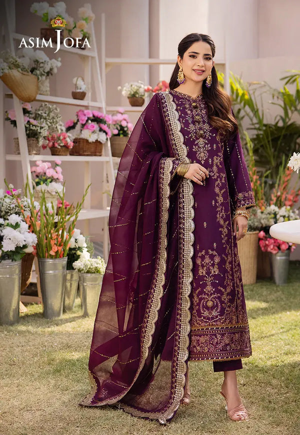 ASIM JOFA - 3 PIECE EMBROIDERED BOSKI SILK SUIT - PURPLE (UNSTITCHED)