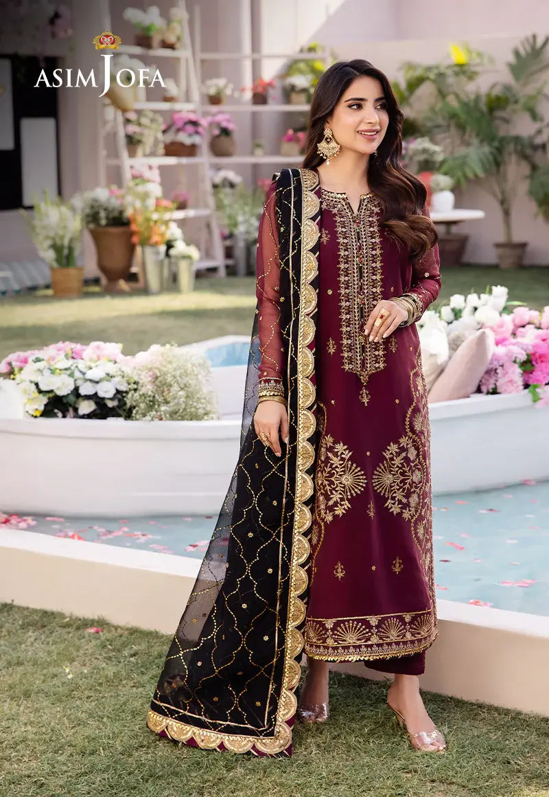 ASIM JOFA - 3 PIECE EMBROIDERED CHIFFON SUIT - MAROON (UNSTITCHED)