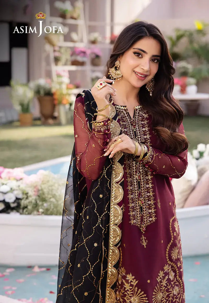 ASIM JOFA - 3 PIECE EMBROIDERED CHIFFON SUIT - MAROON (UNSTITCHED)