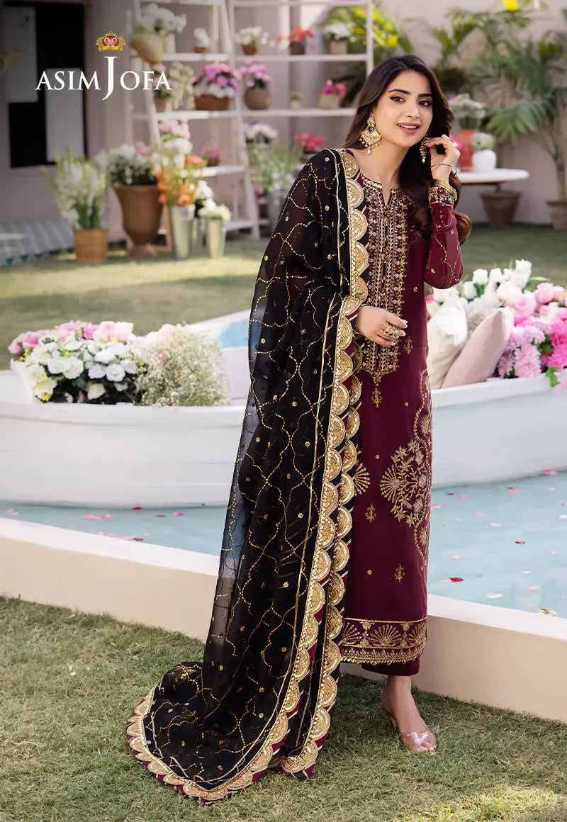 ASIM JOFA - 3 PIECE EMBROIDERED CHIFFON SUIT - MAROON (UNSTITCHED)