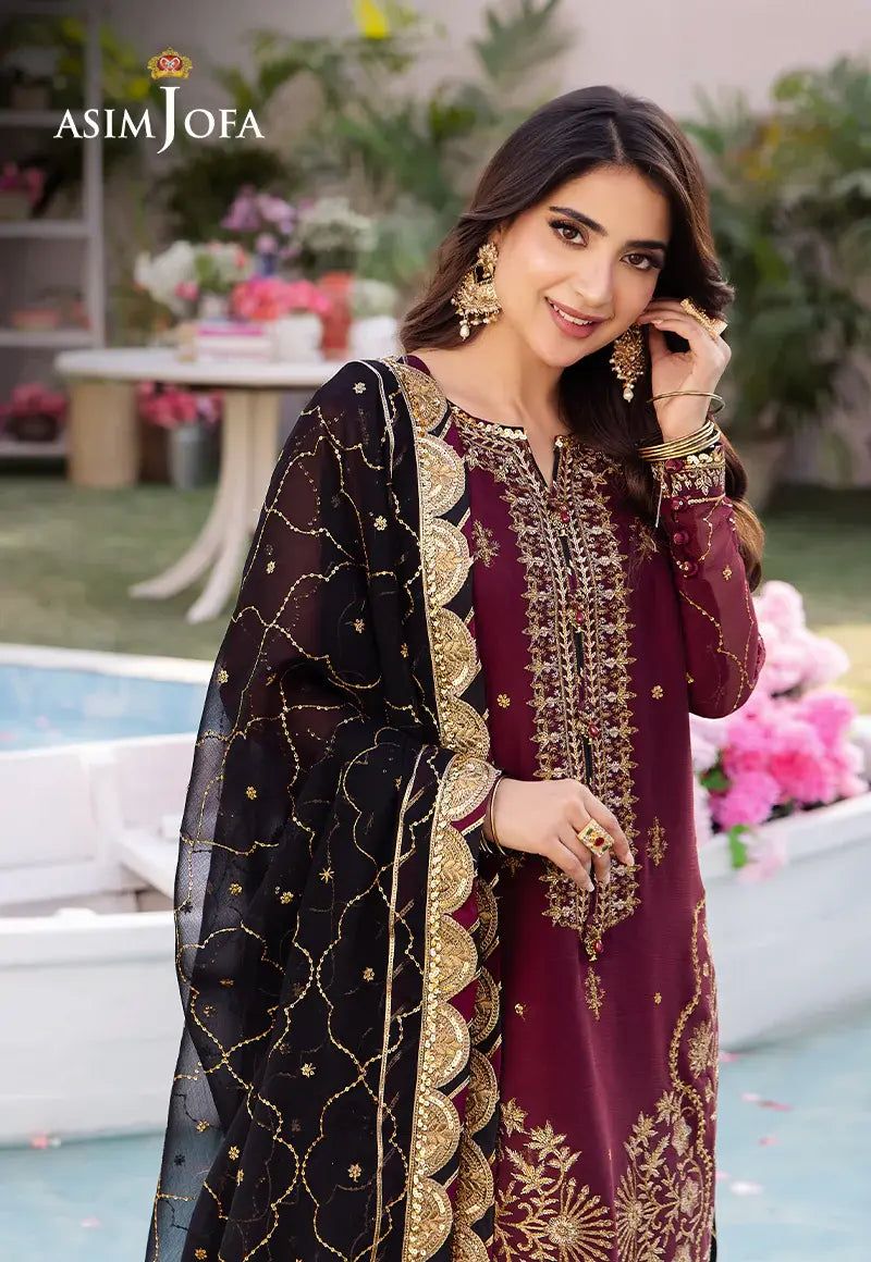 ASIM JOFA - 3 PIECE EMBROIDERED CHIFFON SUIT - MAROON (UNSTITCHED)