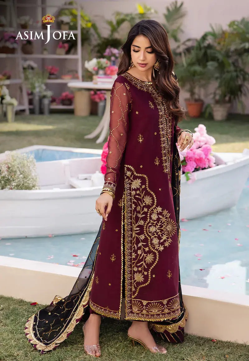 ASIM JOFA - 3 PIECE EMBROIDERED CHIFFON SUIT - MAROON (UNSTITCHED)