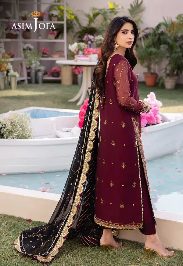 ASIM JOFA - 3 PIECE EMBROIDERED CHIFFON SUIT - MAROON (UNSTITCHED)