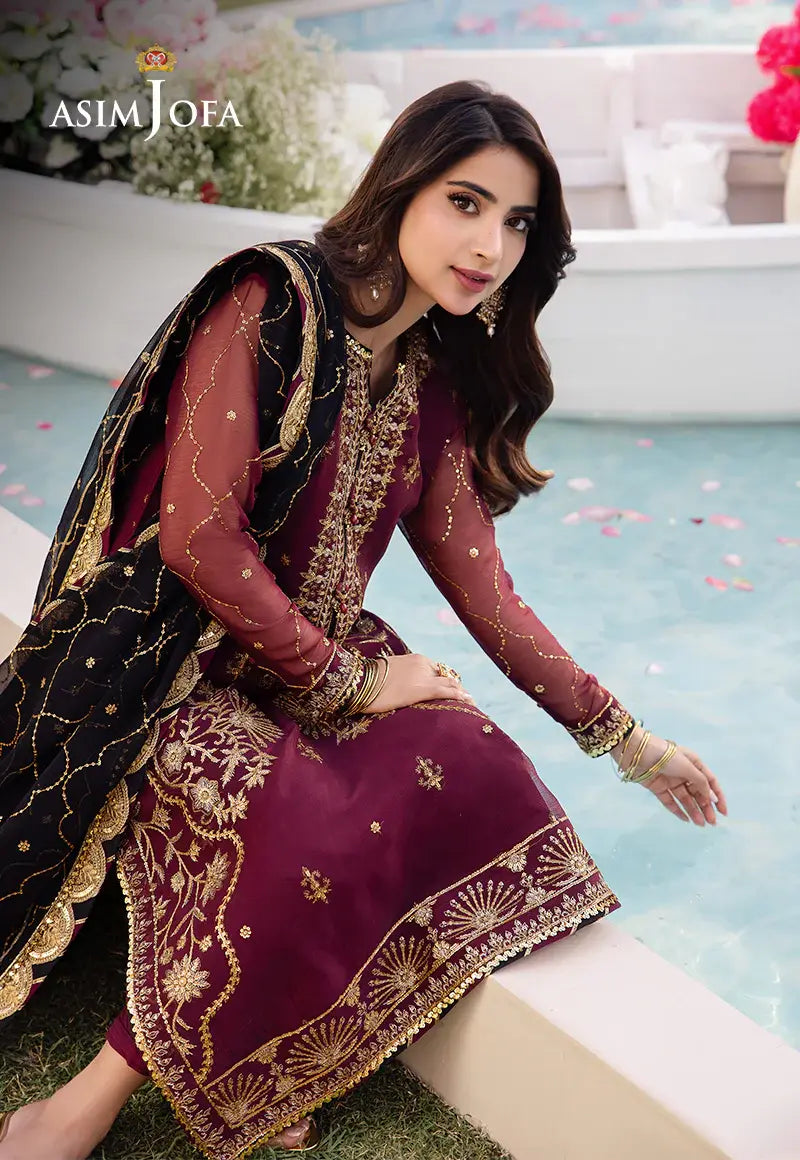 ASIM JOFA - 3 PIECE EMBROIDERED CHIFFON SUIT - MAROON (UNSTITCHED)