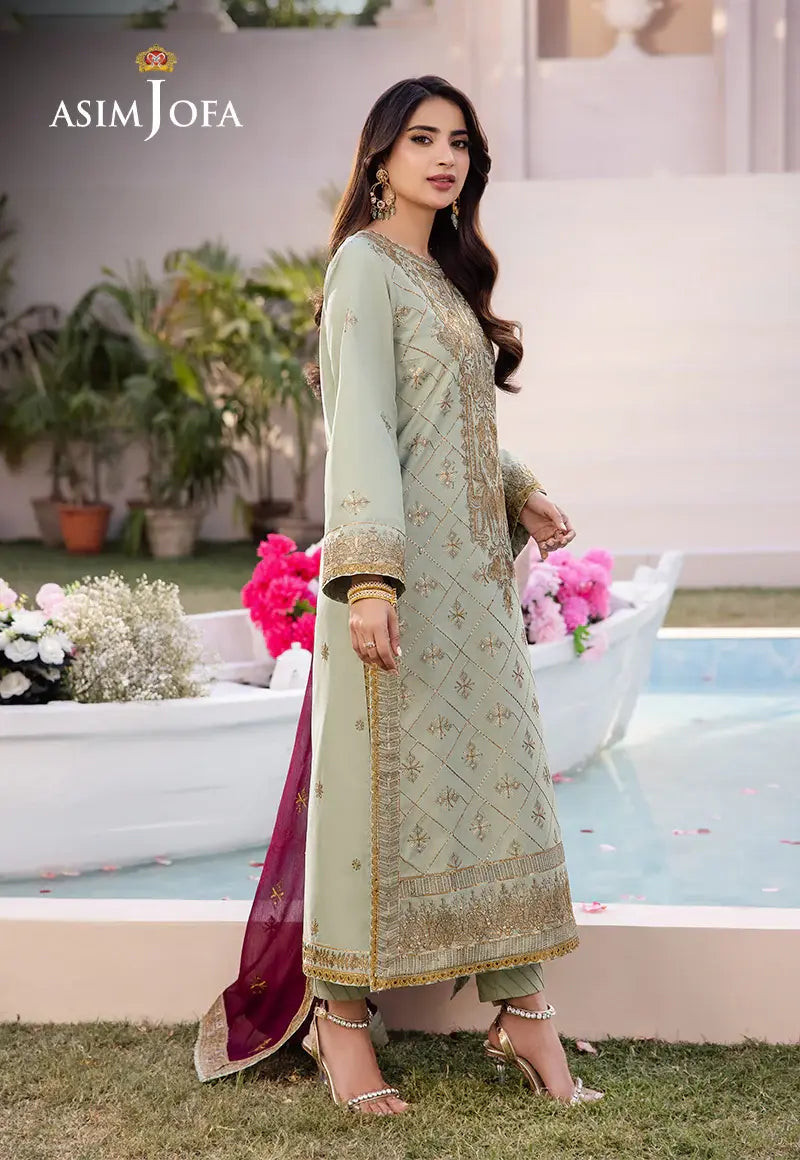 ASIM JOFA - 3 PIECE EMBROIDERED JUMBO SILK SUIT - GREEN (UNSTITCHED)