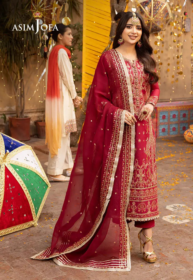 ASIM JOFA - 3 PIECE EMBROIDERED TWISTED SILK SUIT - RED (UNSTITCHED)