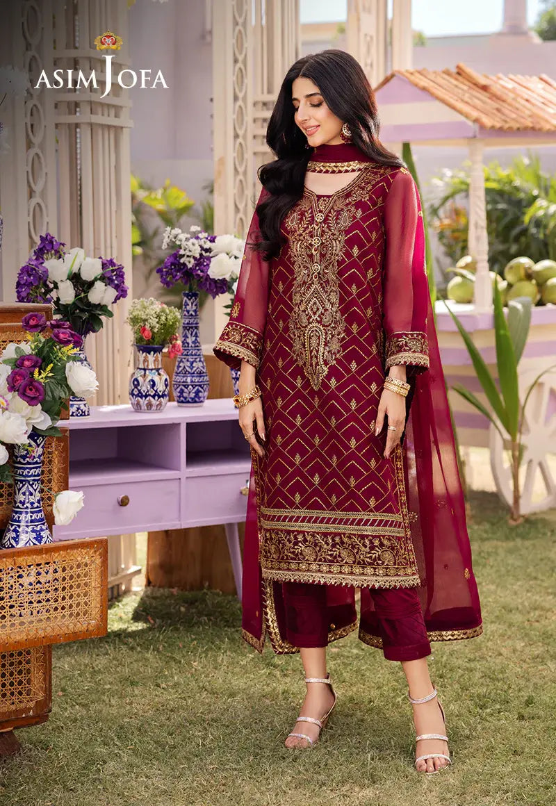 ASIM JOFA - 3 PIECE EMBROIDERED CHIFFON SUIT - MAGENTA (UNSTITCHED)