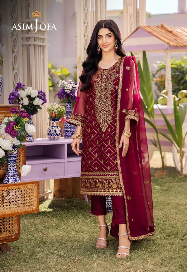 ASIM JOFA - 3 PIECE EMBROIDERED CHIFFON SUIT - MAGENTA (UNSTITCHED)