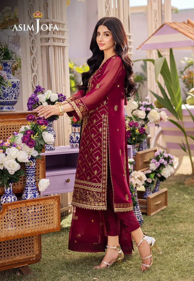 ASIM JOFA - 3 PIECE EMBROIDERED CHIFFON SUIT - MAGENTA (UNSTITCHED)