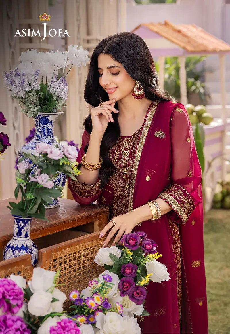 ASIM JOFA - 3 PIECE EMBROIDERED CHIFFON SUIT - MAGENTA (UNSTITCHED)