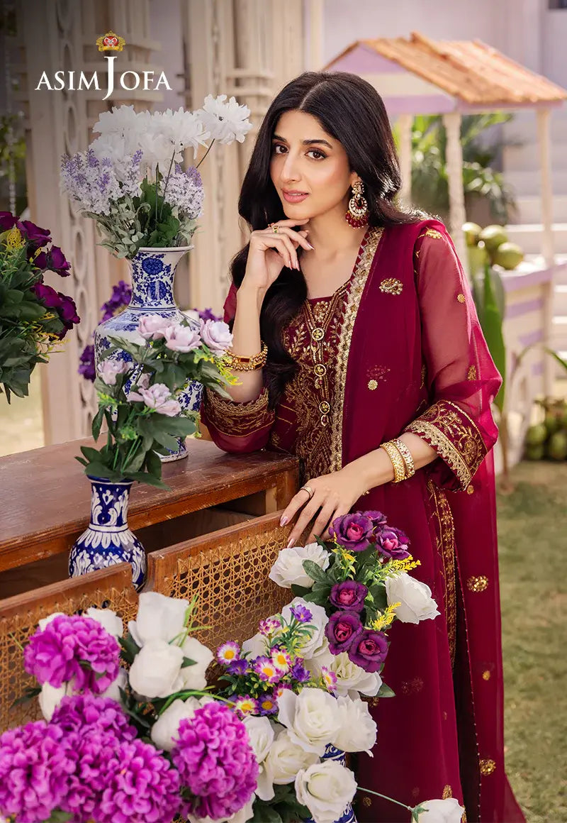 ASIM JOFA - 3 PIECE EMBROIDERED CHIFFON SUIT - MAGENTA (UNSTITCHED)