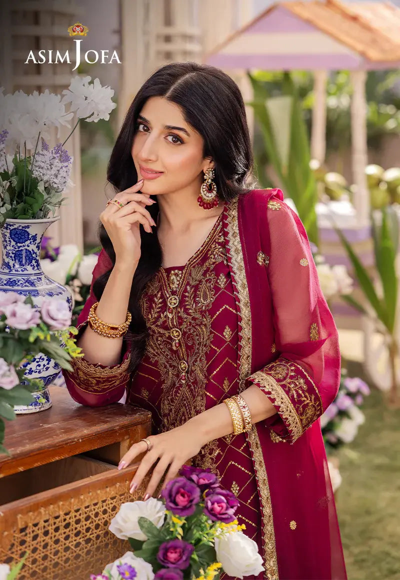 ASIM JOFA - 3 PIECE EMBROIDERED CHIFFON SUIT - MAGENTA (UNSTITCHED)