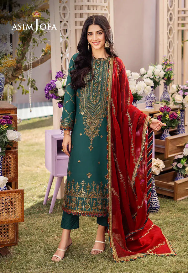 ASIM JOFA - 3 PIECE EMBROIDERED JUMBO SILK SUIT - GREEN (UNSTITCHED)