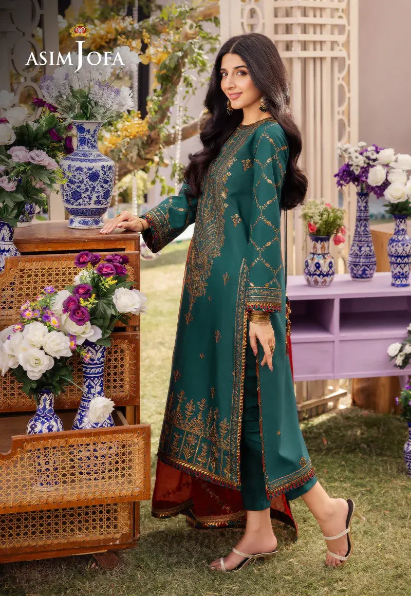 ASIM JOFA - 3 PIECE EMBROIDERED JUMBO SILK SUIT - GREEN (UNSTITCHED)