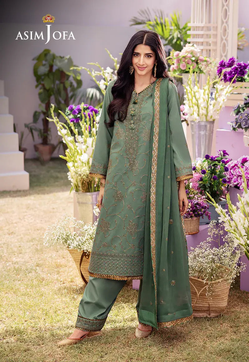 ASIM JOFA - 3 PIECE EMBROIDERED JUMBO SILK SUIT - GREEN (UNSTITCHED)